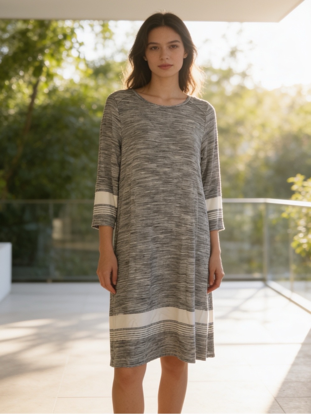 Hilary Radley Gray Space Dye 3/4 Sleeve Midi Dress White Stripe Medium